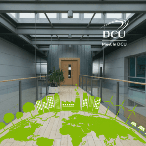 DCU Conference Venue Corridor with circular economy graphic.